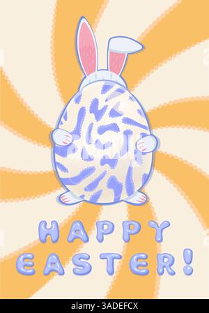 Easter poster with yellow swirl, rabbit and egg. Groovy y2k postcard, grunge retro card Stock Vector
