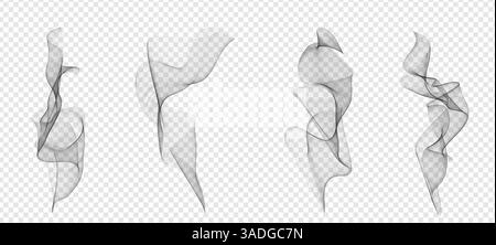 Realistic white steam and smoke set on transparent background. Abstract vapor, fog and smog effect for hot food, coffee, tea, cigarette or fire. Vector illustration for aroma or spooky design. Stock Vector