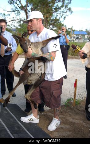 Nov 19, 2004; Port St. Lucie, FL, USA; Former rapper VANILLA ICE, aka ROBERT VAN WINKLE, springs his buddies, Pancho the goat and Bucky Buckaroo, a Wallaroo, from this animal control center in Port St. Lucie, FL. The animals were picked up after escaping from VAN WINKLE'S property after a gate was left open. Van Winkle, who lacks the proper permit for Bucky, found a friend with permits who can house the wallaroo temporarily..  (Credit Image: Kelly Owen/ZUMAPRESS.com) Stock Photo