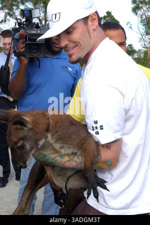 Nov 19, 2004; Port St. Lucie, FL, USA; Former rapper VANILLA ICE, aka ROBERT VAN WINKLE, springs his buddies, Pancho the goat and Bucky Buckaroo, a Wallaroo, from this animal control center in Port St. Lucie, FL. The animals were picked up after escaping from VAN WINKLE'S property after a gate was left open. Van Winkle, who lacks the proper permit for Bucky, found a friend with permits who can house the wallaroo temporarily..  (Credit Image: Kelly Owen/ZUMAPRESS.com) Stock Photo