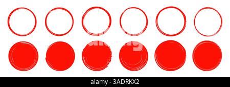 Brush stroke texture circle red hand drawn element set. Hand drawn brush stroke calligraphy rough line frame. Texture stroke red circle background. Abstract stain grunge style. Vector illustration Stock Vector