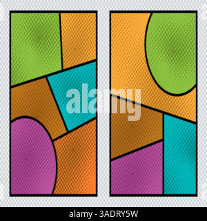 Comic book page template set. Retro colorful pop art frames for superhero story with action lines and dot effects Stock Vector