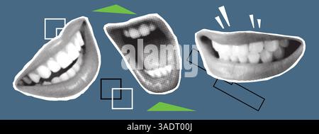 Halftone collage used in mixed-media design. Ear, nose, lips, and eyes with a halftone texture Stock Vector