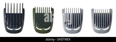 set of fixed length hair trimmer combs, guide combs or guards isolated white background, different sizes of clipper attachments or pieces for haircuts Stock Photo