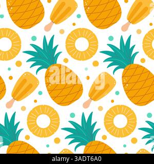 Seamless pattern with pineapples, pineapple slices, ice cream, and colorful dots on a white background. Vector illustration. Stock Vector