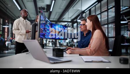 Analyzing Business Data Performance With Diverse Team Using Analytics Dashboard Stock Photo