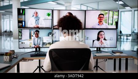 Virtual conference call with African American HR manager using webcam Stock Photo
