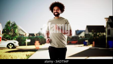African athlete sprints confidently through city streets during morning workout. Stock Photo