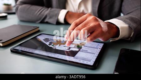 Architect Analyzing House Floor Plan for Renovation Project in CAD. Stock Photo