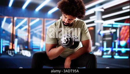Fitness Trainer Encourages African American Man Lifting Heavy Weights. Stock Photo