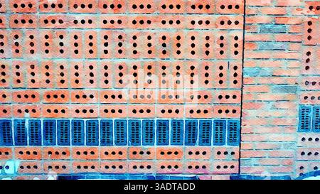 Wall made of perforated bricks arranged in alternating horizontal and vertical rows. Stock Photo