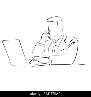 businessman holding mobile phone and looking on laptop illustration vector with black lines isolated on white background. Stock Vector