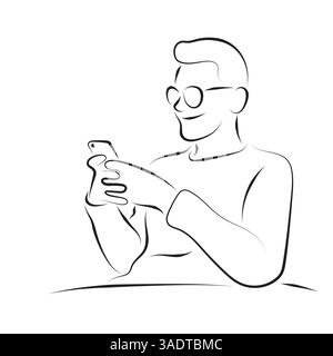 man with eyeglasses using smartphone illustration vector hand drawn with black lines isolated on white background. Stock Vector