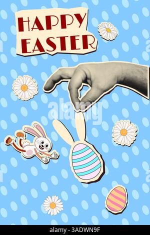 Happy Easter halftone retro collage poster Stock Vector