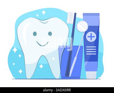 Cute White Tooth Cartoon Character with Toothbrush and Toothpaste for Dental Healthcare Concept Illustration Clip Art Stock Vector
