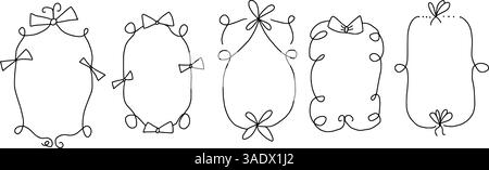 Doodle coquette frames with bows. Vintage scribble line wavy border with ribbons set. Vector cute curly rectangle and oval template for holiday menu. Stock Vector