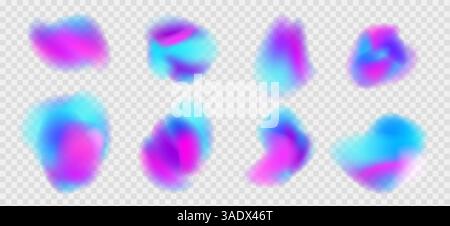 Irregular gradient shapes set. Vector neon organic liquid splashes. Glow bright blobs with translucent forms. Uneven modern retrofuturistic y2k figure Stock Vector