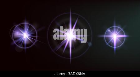 Purple highlights on dark background. Luminous star effect. Set of violet sparkling sequins with circular reflection. Vector collection of glittering Stock Vector