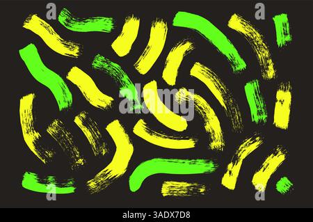 Neon paint wavy brush stroke lines. Hand drawn vector highlights emphasis squiggles shapes. Paintbrush linear scribble elements set isolated on dark b Stock Vector
