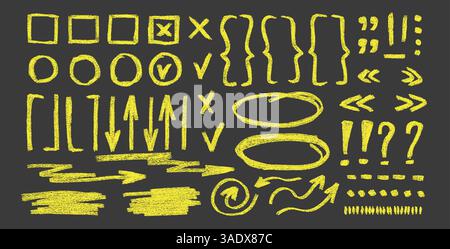Check marks, arrow doodle set. Marker underlines, quotation marks, brackets and signs. Scribble pencil emphasis note highlights. Vector hand drawn col Stock Vector