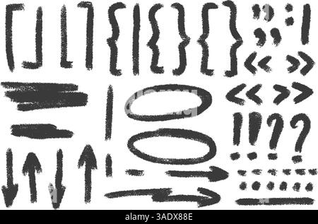 Check marks, arrow emphasis doodle set. Charcoal underlines, quotation marks, brackets and signs. Scribble sketch pencil emphasis note highlights. Vec Stock Vector