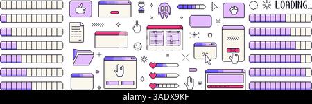 Pixel art windows interface vintage. 8 bit browser and menu elements with cursors and loading bar. Pixel screens 90s style. Ui message frames figures. Stock Vector