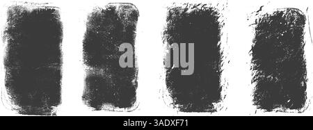 Ink grunge text boxes set. Callouts rectangles frames. Linocut rolled paint black tag. Vector handmade brayer stamp smudged texture. Rough paint decor Stock Vector
