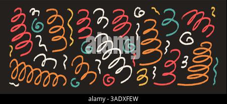 Wavy festive lines drawn with wax crayon. Scribbles freehand drawn background. Waves and abstract confetti swirls. Fun birthday party celebration. Bri Stock Vector