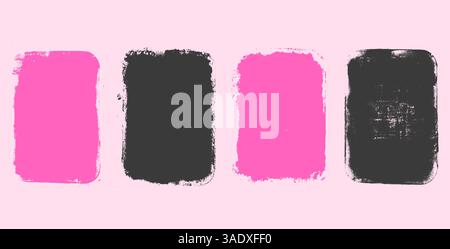 Set of grunge text boxes. Callout rectangles shapes. Linocut rolled ink black and pink tag sample. Handmade vector stamp with torn texture. Rough pain Stock Vector