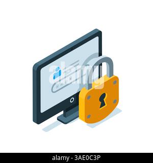 isometric computer and padlock icons on white background, concept of data protection on personal device or account password Stock Vector