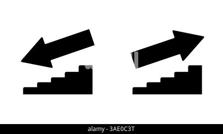 arrow icon above steps in black on white background, going up or down steps or evacuation plan element Stock Vector