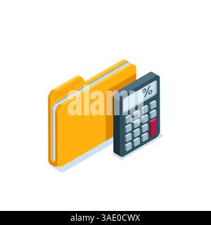 isometric folder and calculator icon in color on white background, financial data and bookkeeping Stock Vector