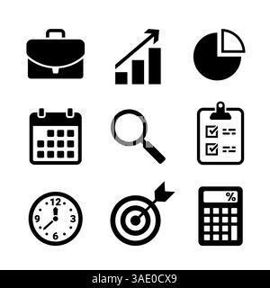 set of business icons in black color on a white background, business analytics and success Stock Vector