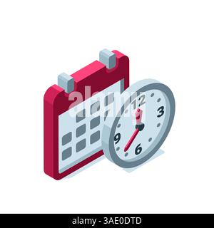 isometric calendar and clock icons on white background, business time or deadline concept Stock Vector
