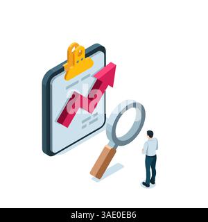a man stands near a magnifying glass and a tablet with a growing arrow on a white background, isometric business concept, financial analytics and succ Stock Vector