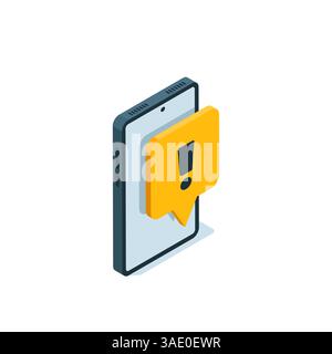 isometric mobile phone icon in black color on white background, yellow text bubble with exclamation sign, calls or emergency messages Stock Vector