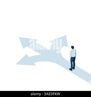 divergence of three arrows on a white background and an isometric man making a choice, the direction of movement towards success in business Stock Vector