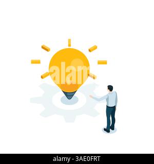 isometric light bulb icon and man in color on white background, business idea or insight Stock Vector