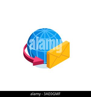 isometric globe icon with envelope and arrow in color isolated on white background, postal service or app Stock Vector