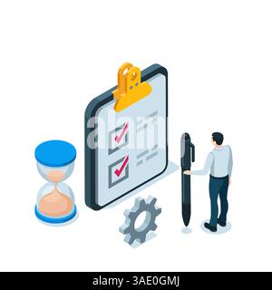 a man with a pen near a clipboard with checkmarks in color on a white background, filling out a test or a business plan, isometric concept Stock Vector