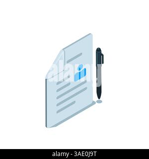isometric profile icon in black color on a white background, a sheet of paper with text and a person icon, personal data Stock Vector