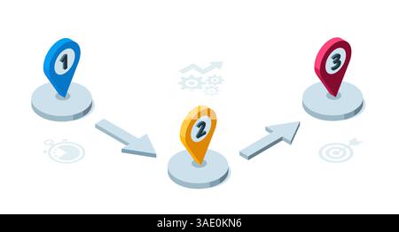 location isometric icons with arrows and numbers on white background, diagram or business plan, set for infographics Stock Vector