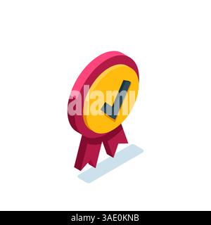 isometric stamp icon with a check mark in color on a white background, quality mark or award Stock Vector