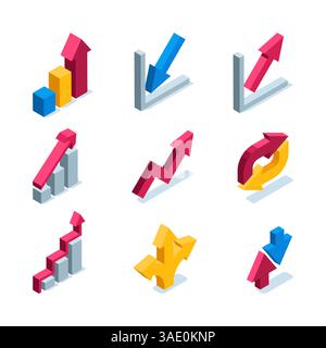 isometric set of icons in the form of arrows and charts in color on a white background, business icons or finance analytics Stock Vector