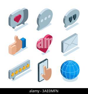 isometric set of icons communication in social networks in color on a white background, likes and messages on Internet sites Stock Vector