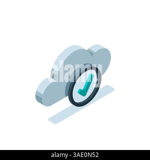 isometric cloud icon with a check mark in color on a white background, successful data upload or secure storage Stock Vector
