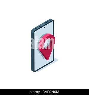isometric smartphone icon with location in color isolated on white background, positioning or geolocation Stock Vector