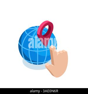 isometric globe and location icon with pointing hand in color on white background, geolocation or positioning Stock Vector