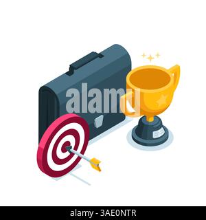 isometric icon of briefcase and target with goblet in color on white background, victory or success in business Stock Vector