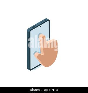 isometric hand icon on smartphone screen in color on white background, pointer or manipulator Stock Vector